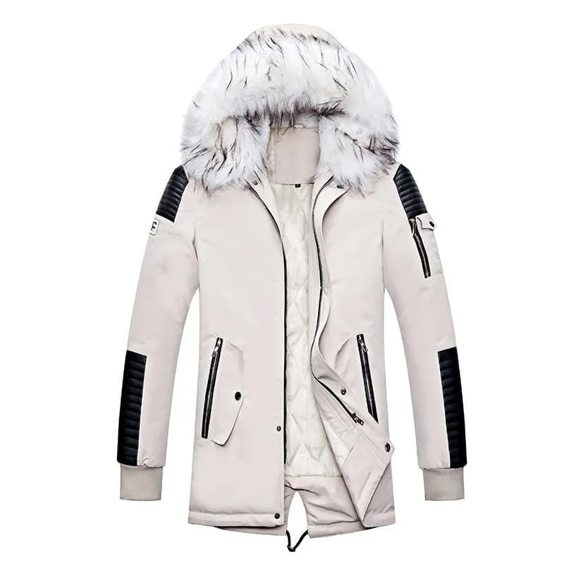 ATWELL Design Men's Sports Fashion Beige White & Black Thick Winter Parka Fur Collar Hooded Coat Jacket