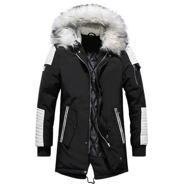ATWELL Design Men's Sports Fashion Beige White & Black Thick Winter Parka Fur Collar Hooded Coat Jacket