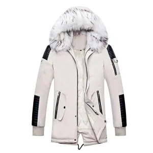 ATWELL Design Men's Sports Fashion Beige White & Black Thick Winter Parka Fur Collar Hooded Coat Jacket
