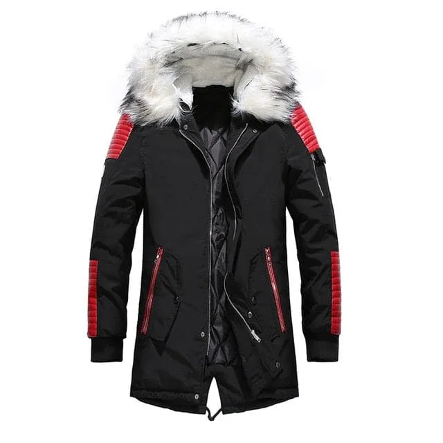 ATWELL Design Men's Sports Fashion Beige White & Black Thick Winter Parka Fur Collar Hooded Coat Jacket