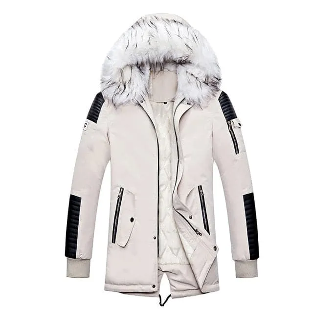 ATWELL Design Men's Sports Fashion Beige White & Black Thick Winter Parka Fur Collar Hooded Coat Jacket