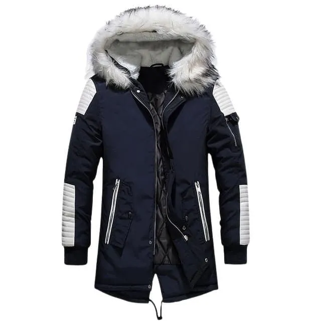 ATWELL Design Men's Sports Fashion Beige White & Black Thick Winter Parka Fur Collar Hooded Coat Jacket