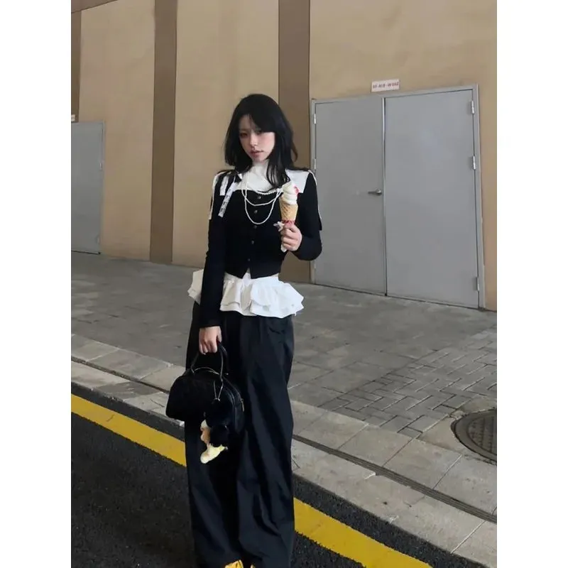 Bonnyshow Black Sweatpants Woman Y2k Gyaru Korean Fashion Youthful Skirts Pants Patchwork Spring Trousers Vintage Alt Aesthetic