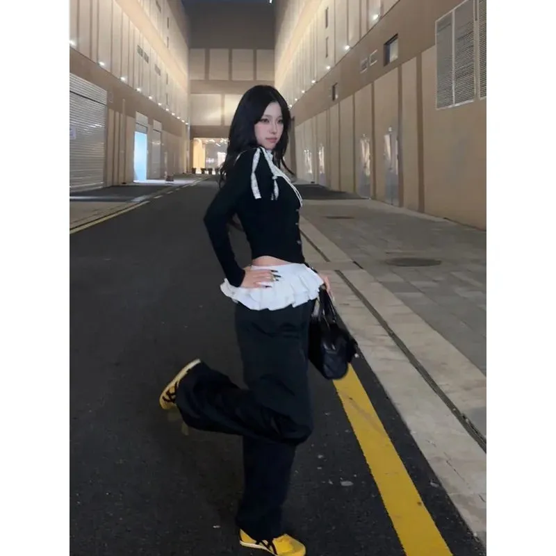 Bonnyshow Black Sweatpants Woman Y2k Gyaru Korean Fashion Youthful Skirts Pants Patchwork Spring Trousers Vintage Alt Aesthetic