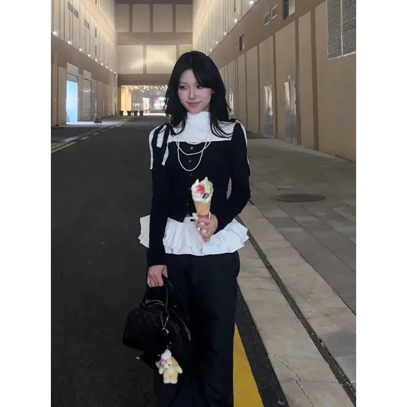Bonnyshow Black Sweatpants Woman Y2k Gyaru Korean Fashion Youthful Skirts Pants Patchwork Spring Trousers Vintage Alt Aesthetic