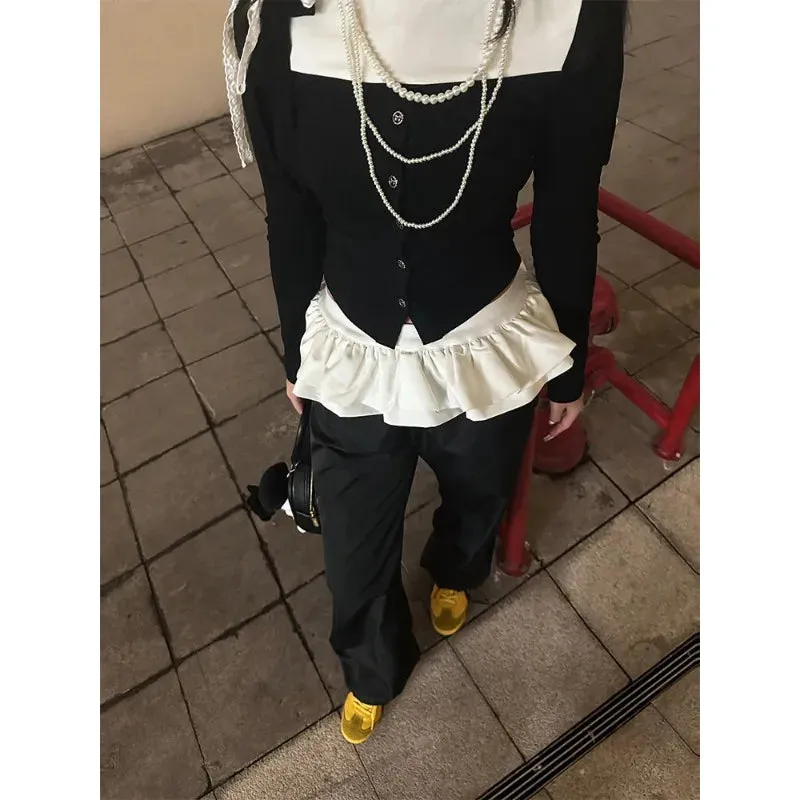Bonnyshow Black Sweatpants Woman Y2k Gyaru Korean Fashion Youthful Skirts Pants Patchwork Spring Trousers Vintage Alt Aesthetic