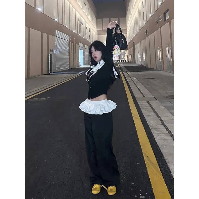 Bonnyshow Black Sweatpants Woman Y2k Gyaru Korean Fashion Youthful Skirts Pants Patchwork Spring Trousers Vintage Alt Aesthetic