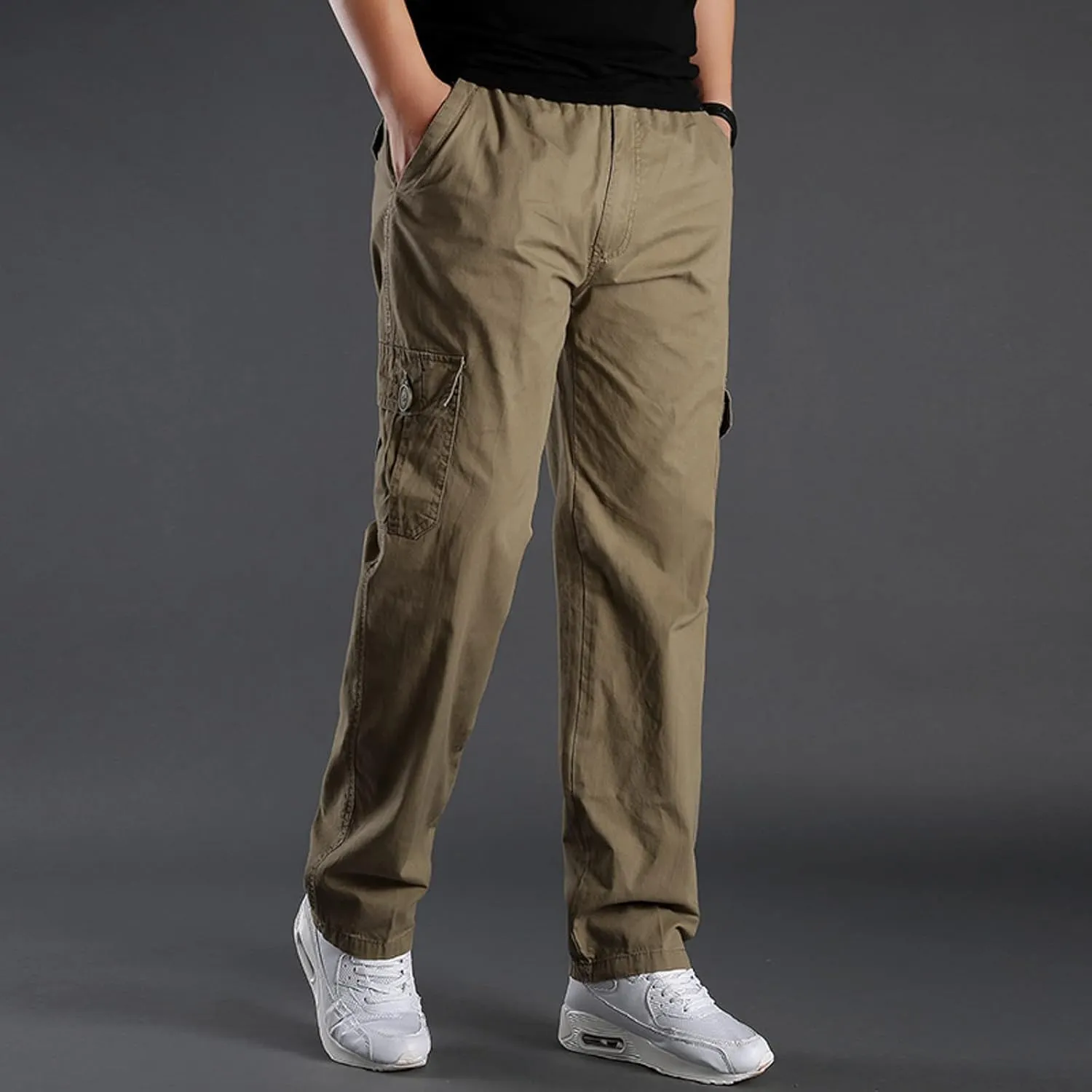 Cargo Pants for Men,Men's Cotton Linen Pants Elastic Lightweight Drawstring Waist Pants Fall Cargo Pants with Pockets