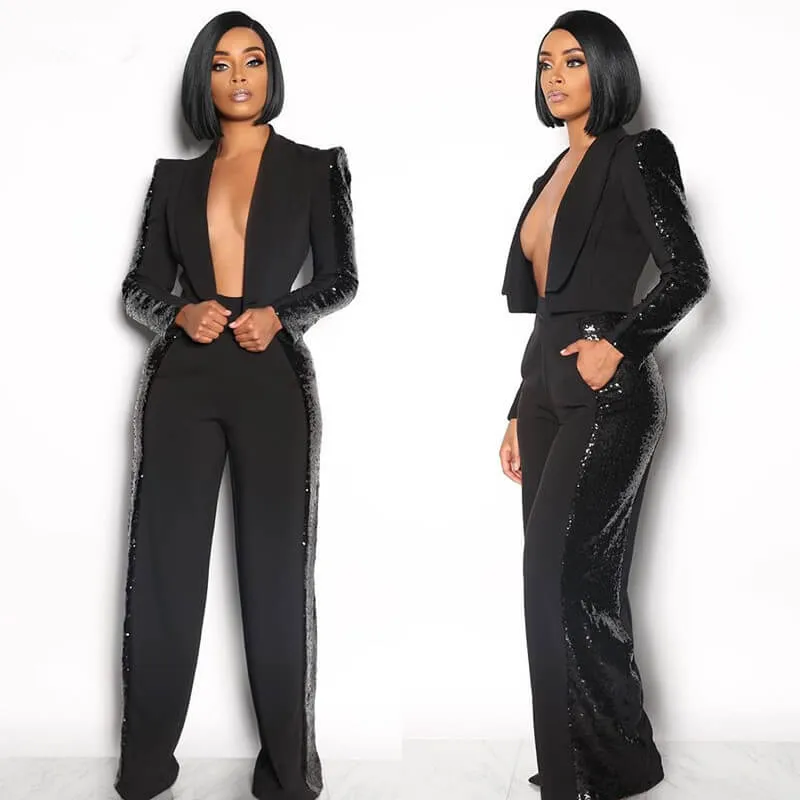 Deep V-neck Blouse High Neck Pencil Pants Set