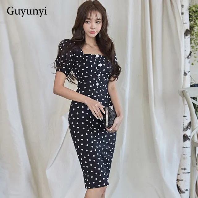 Dot Office Lady Dress 2020 Summer Elegant Party Dress Sexy Square Collar Puff Sleeve Single-Row Button High Waist Tight Dress