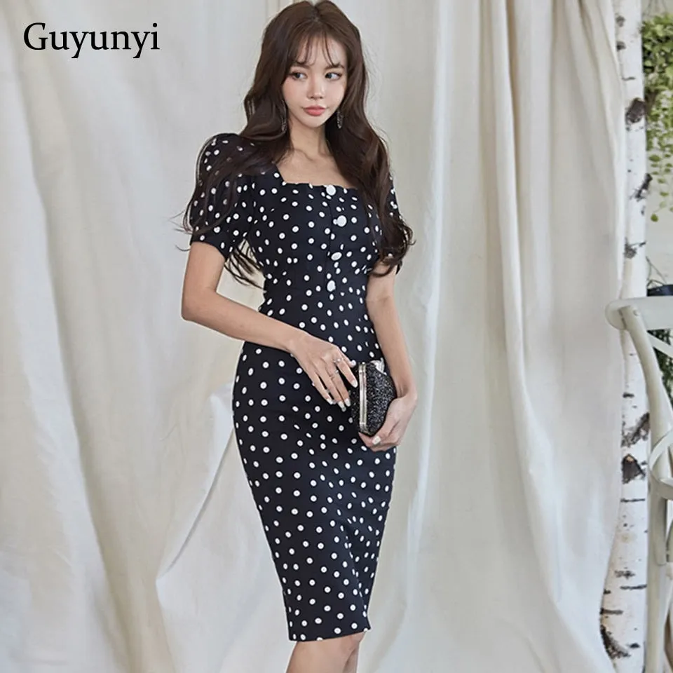 Dot Office Lady Dress 2020 Summer Elegant Party Dress Sexy Square Collar Puff Sleeve Single-Row Button High Waist Tight Dress