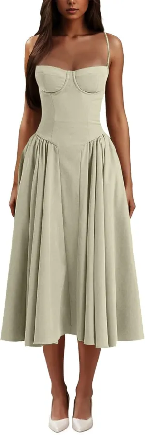 Dresses for Women Elegant Spaghetti Strap Midi Dress Pleated Low Cut Bustier Off Shoulder Dresses
