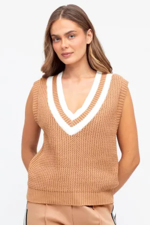 Ebby and I V Neck Knit Vest Beige