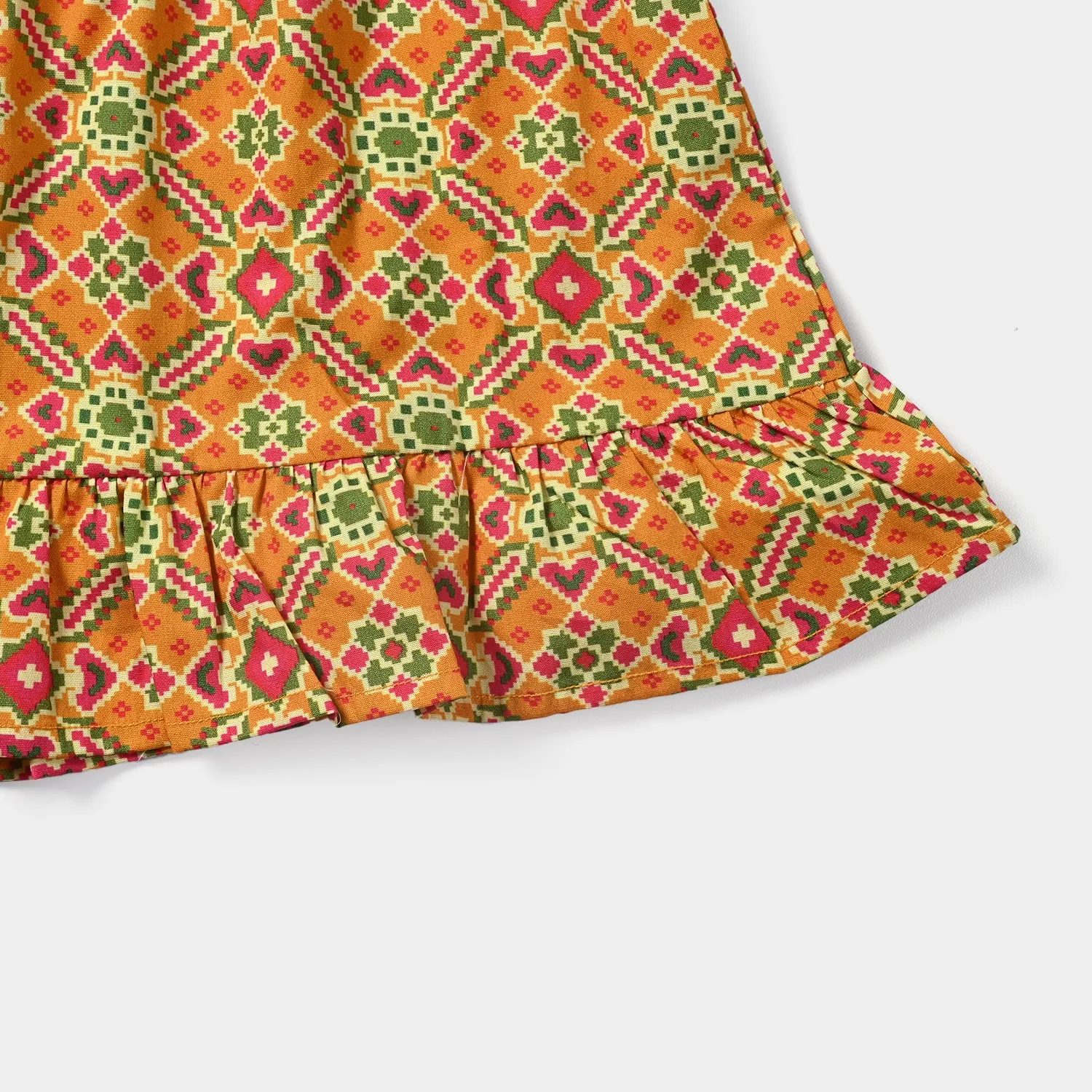 Girls Cotton Poplin Short Skirt Ikat Pattern-Mustard
