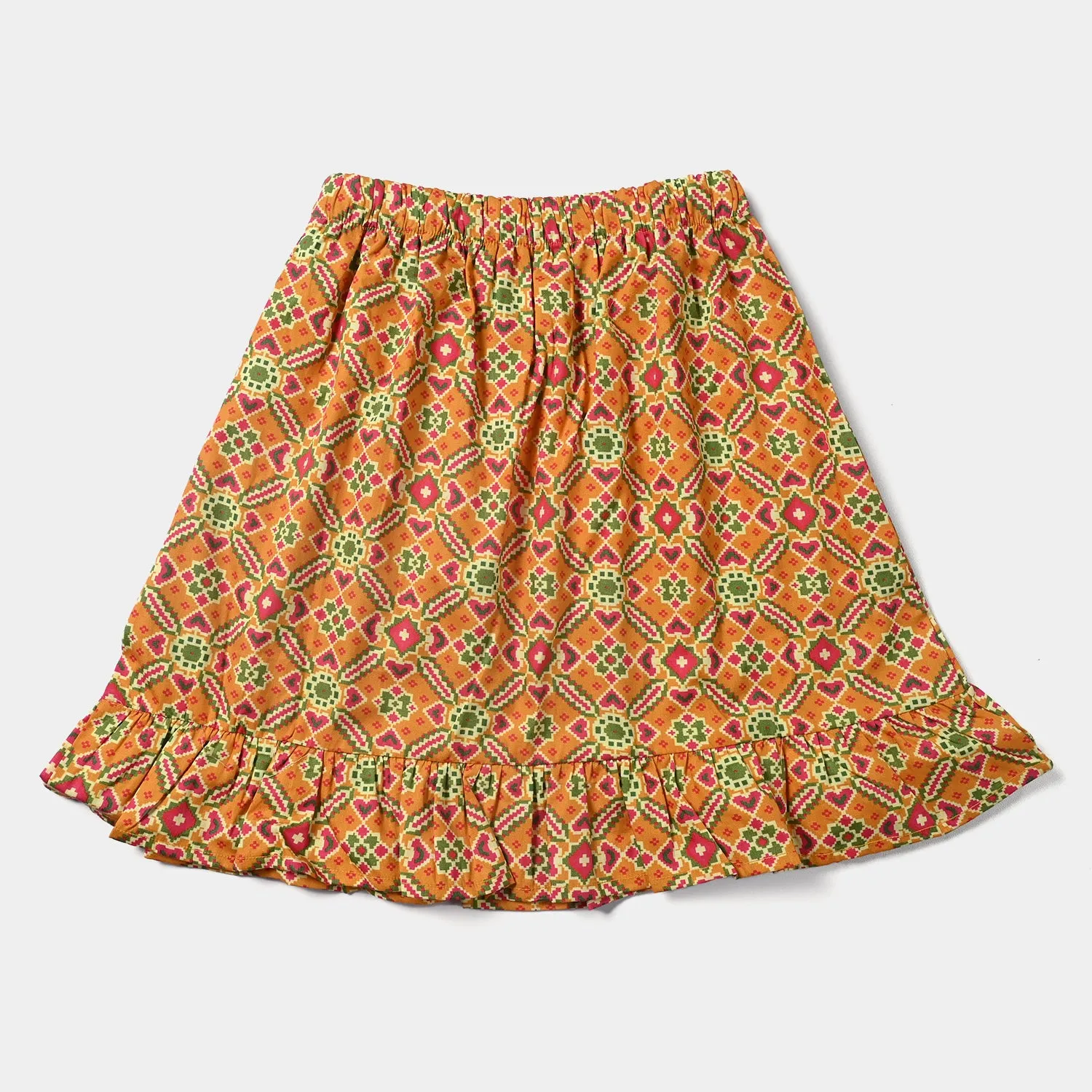 Girls Cotton Poplin Short Skirt Ikat Pattern-Mustard