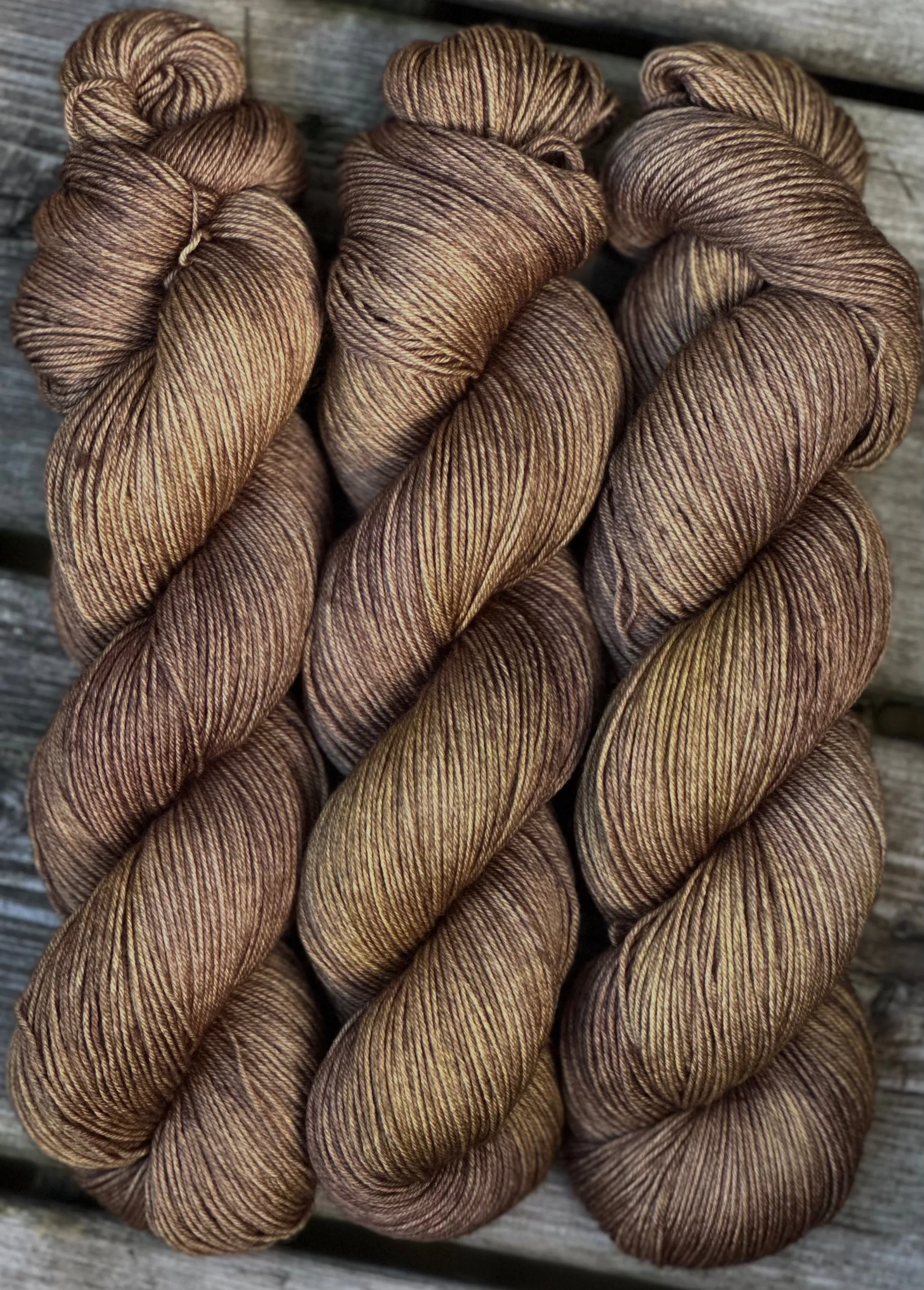 Hand Dyed Yarn "Medallion" Khaki Brown Chestnut Green Olive Bronze Caramel Merino DK Superwash 243yds 100g