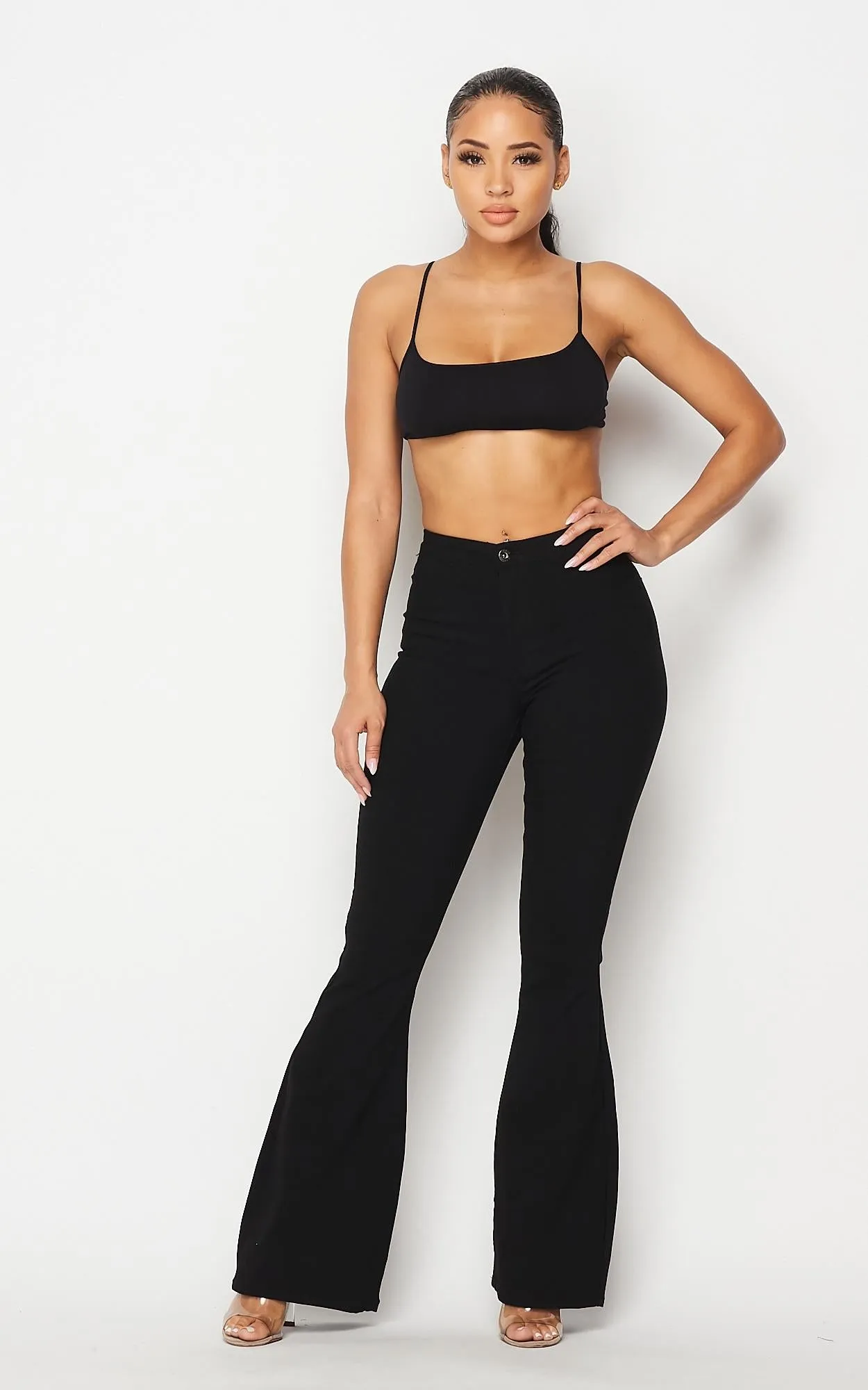 High Waisted Stretchy Bell Bottom Jeans - Black