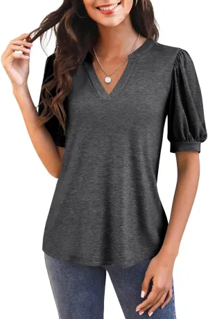 Imily Bela Womens V Neck T Shirts Casual Puff Sleeve Loose Dressy Blouses Summer Tops