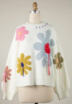 Ivory Yarn Flower Sweater