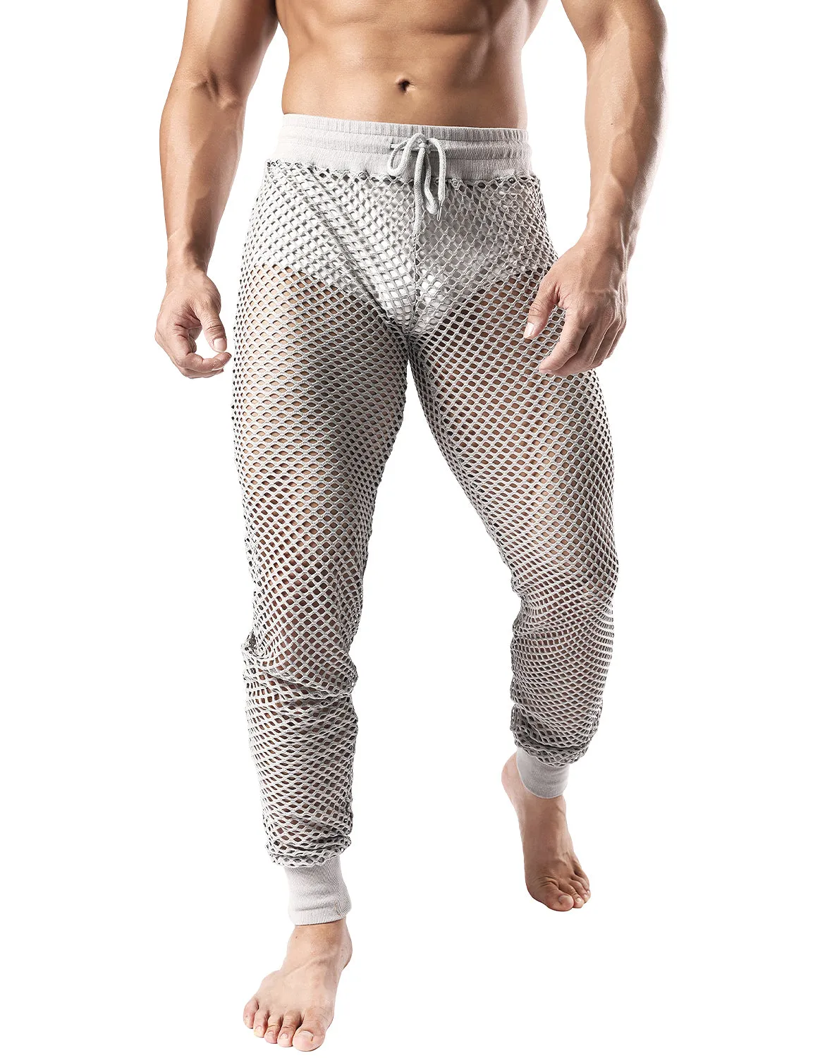 JOGAL Men's Mesh Fishnet See Through Pants Stretchy Muscle Leggings
