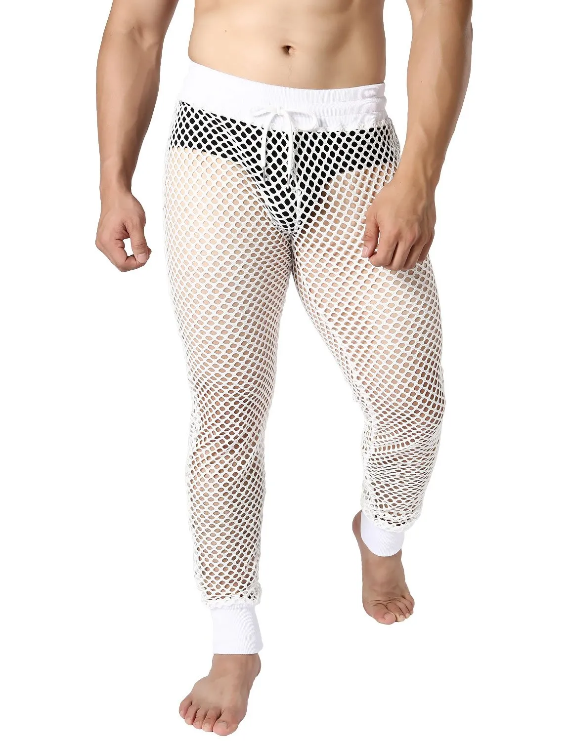 JOGAL Men's Mesh Fishnet See Through Pants Stretchy Muscle Leggings