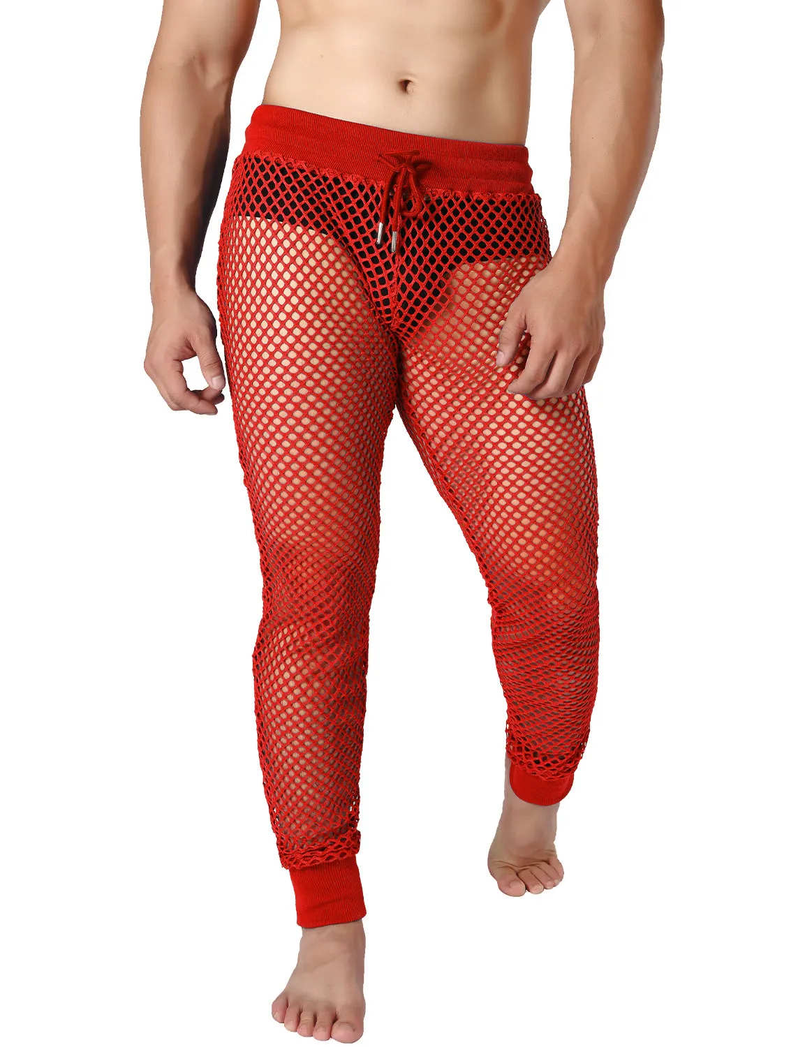 JOGAL Men's Mesh Fishnet See Through Pants Stretchy Muscle Leggings
