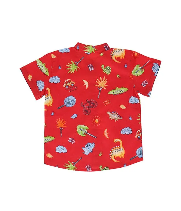 Mandarin Collar Shirt - Dino & Bike Drawing (Red)