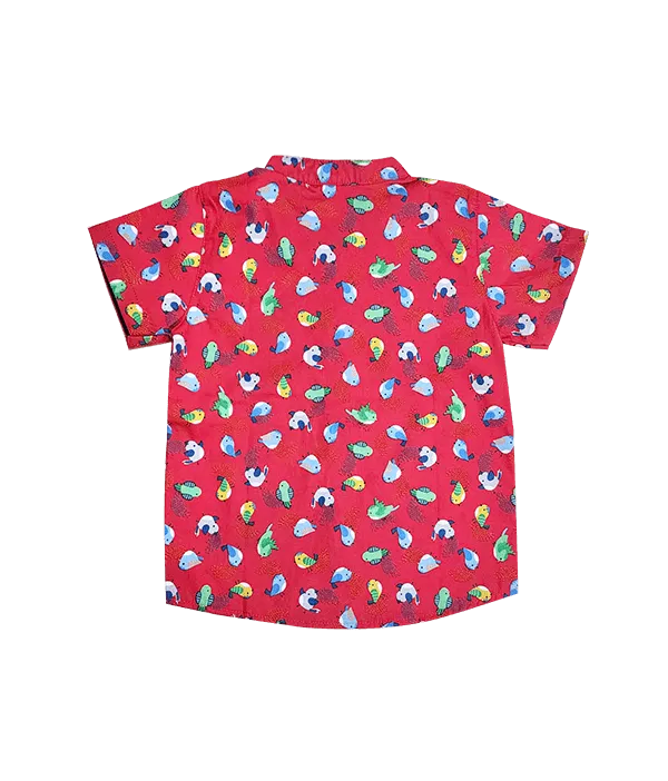 Mandarin Collar Shirt - Little Birdies (Red)