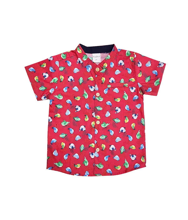 Mandarin Collar Shirt - Little Birdies (Red)