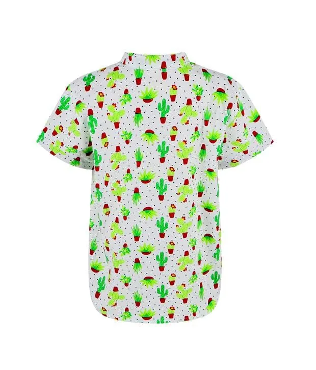Mandarin Collar Shirt - Mini Cactus (White)