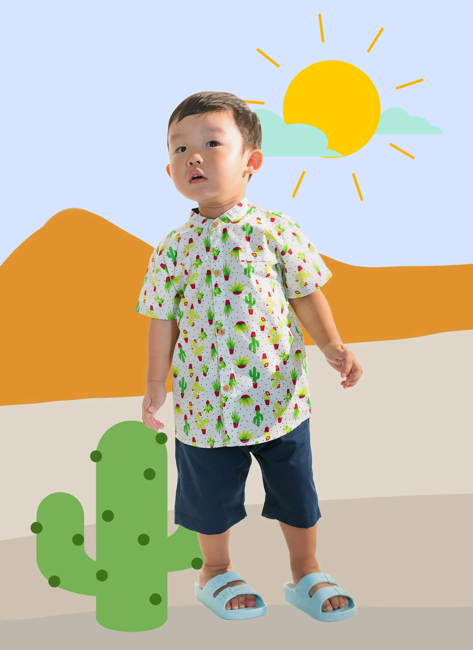 Mandarin Collar Shirt - Mini Cactus (White)