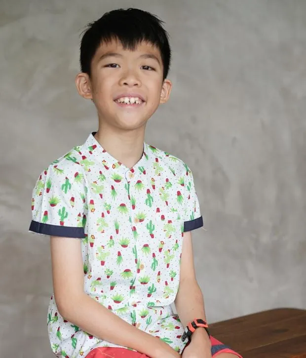 Mandarin Collar Shirt - Mini Cactus (White)