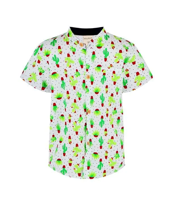Mandarin Collar Shirt - Mini Cactus (White)