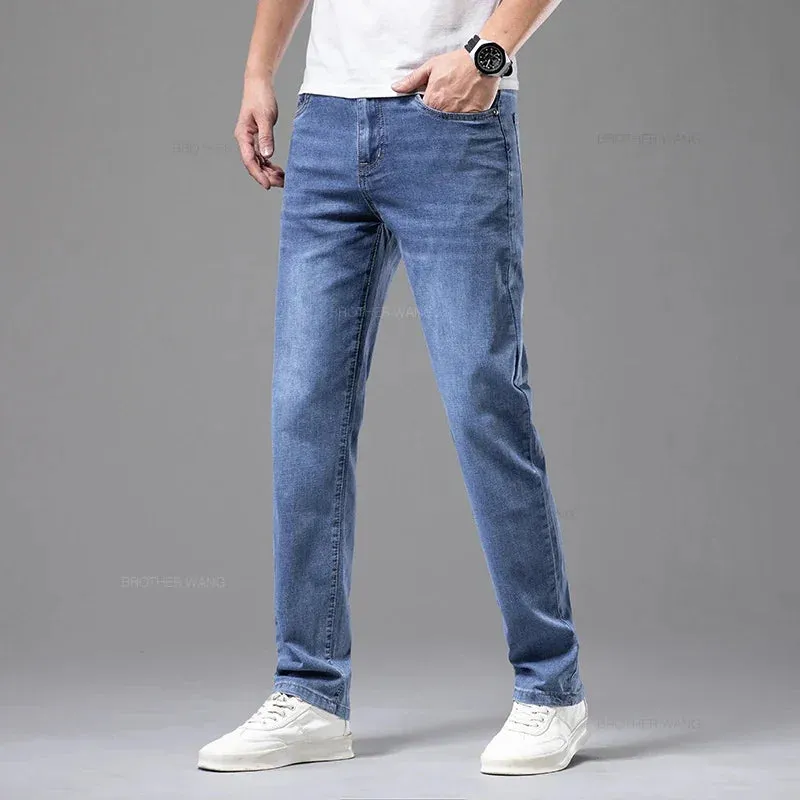 Men's Elastic Cotton Jeans Fashion Gray Comfortable Business Straight Casual Pants