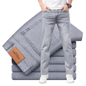 Men's Elastic Cotton Jeans Fashion Gray Comfortable Business Straight Casual Pants
