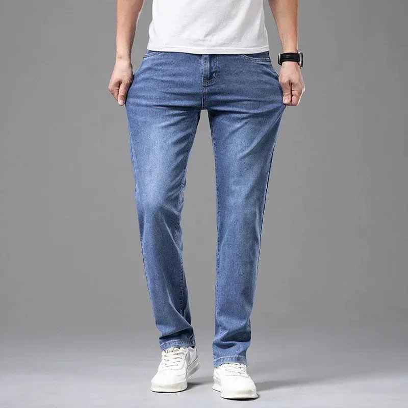 Men's Elastic Cotton Jeans Fashion Gray Comfortable Business Straight Casual Pants