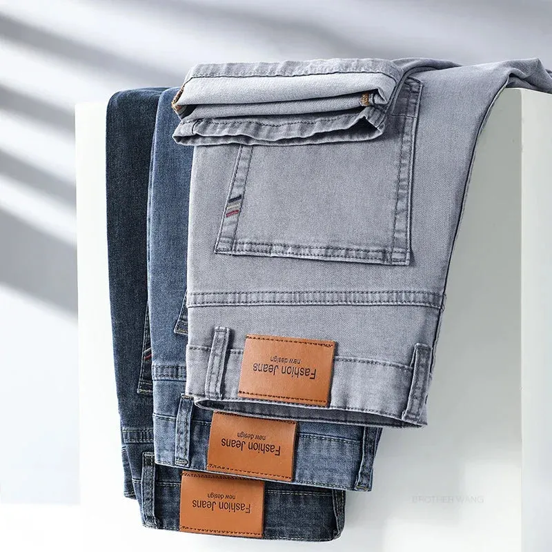 Men's Elastic Cotton Jeans Fashion Gray Comfortable Business Straight Casual Pants
