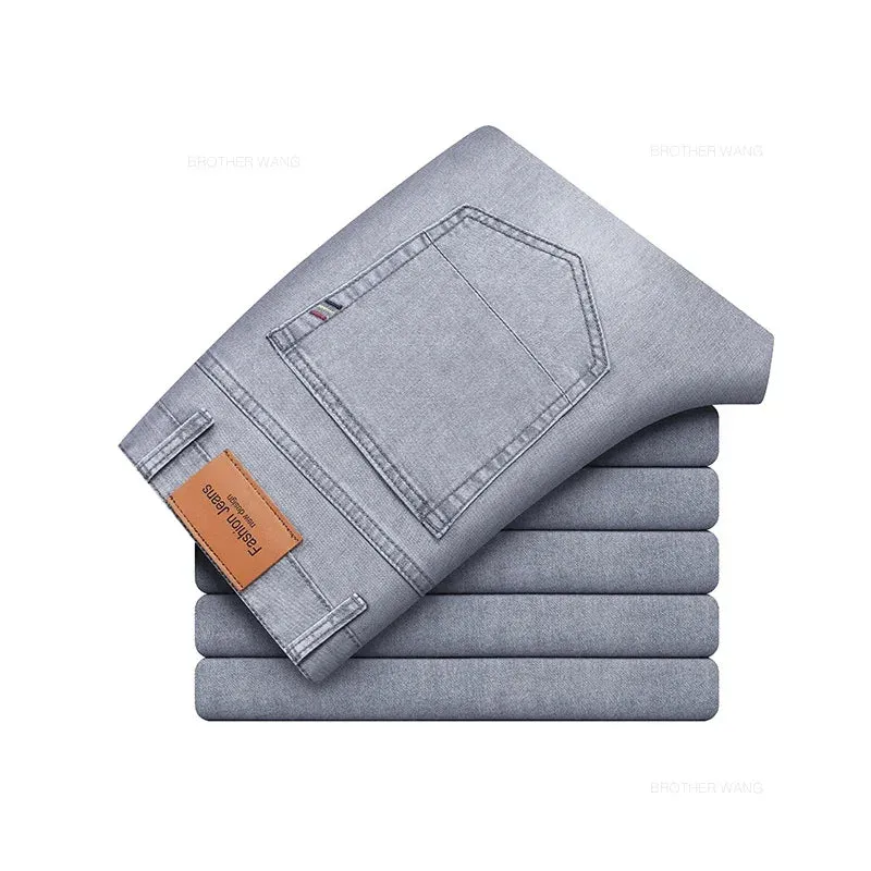 Men's Elastic Cotton Jeans Fashion Gray Comfortable Business Straight Casual Pants