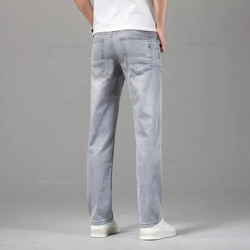 Men's Elastic Cotton Jeans Fashion Gray Comfortable Business Straight Casual Pants