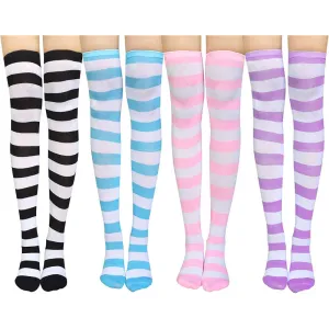Pack Of 4 Womens Thigh High Socks Cotton Striped Over the Knee Socks Long Knee High Socks for Women