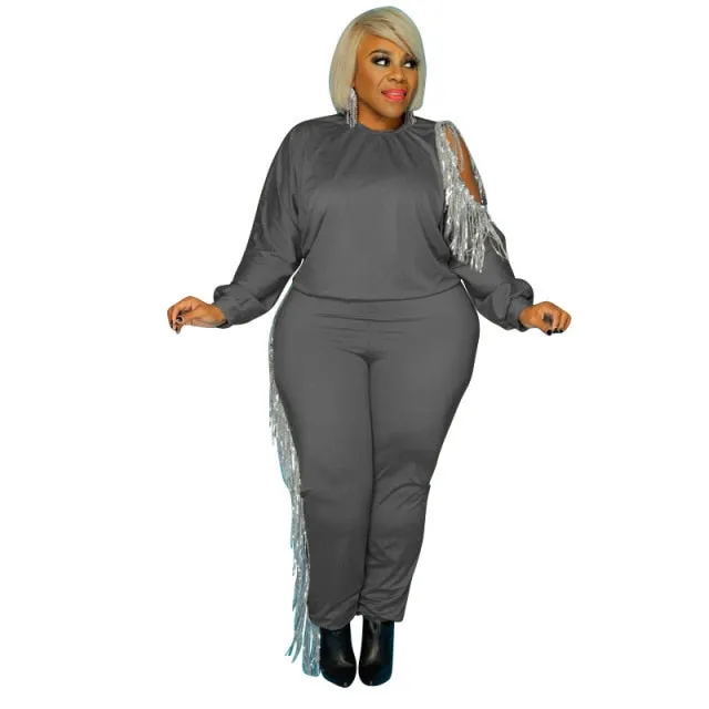 Plus Size 2 Piece Tassel Stretchy Jogger Sweatsuit