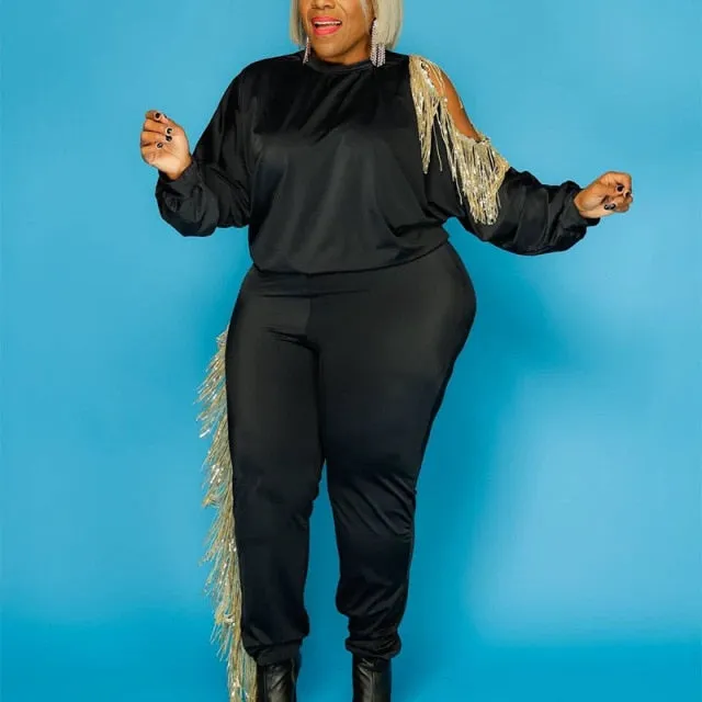 Plus Size 2 Piece Tassel Stretchy Jogger Sweatsuit