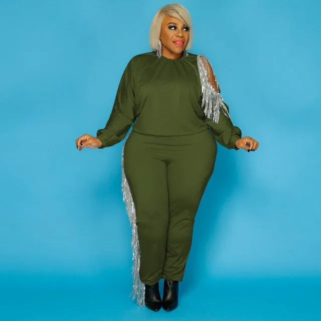 Plus Size 2 Piece Tassel Stretchy Jogger Sweatsuit