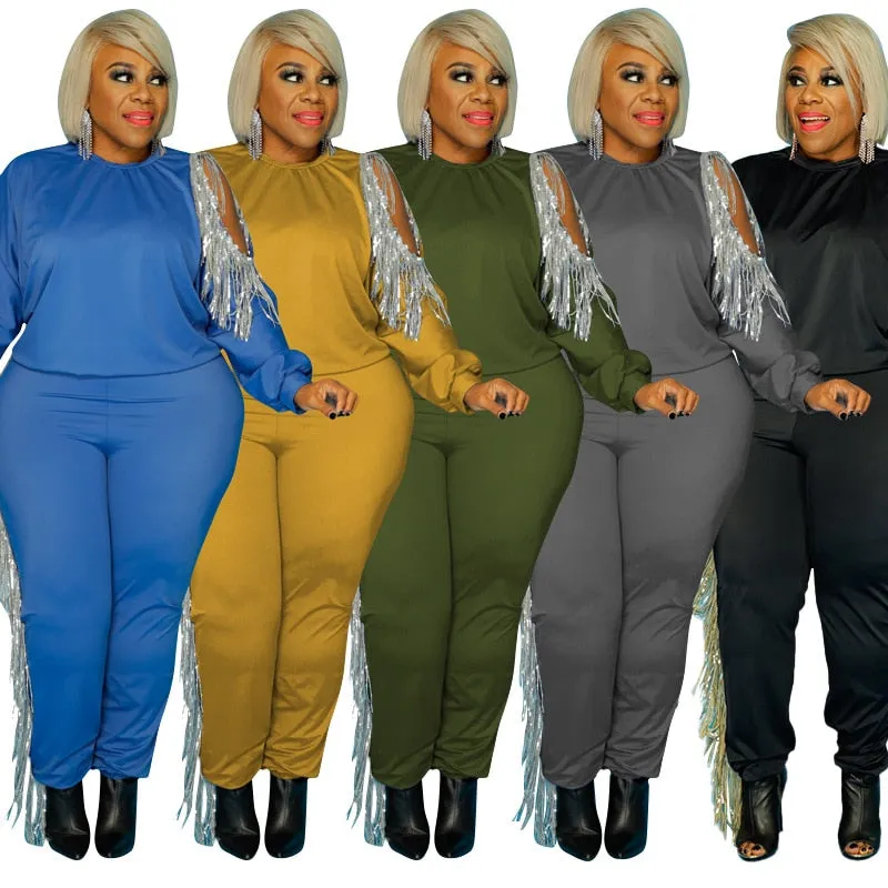 Plus Size 2 Piece Tassel Stretchy Jogger Sweatsuit