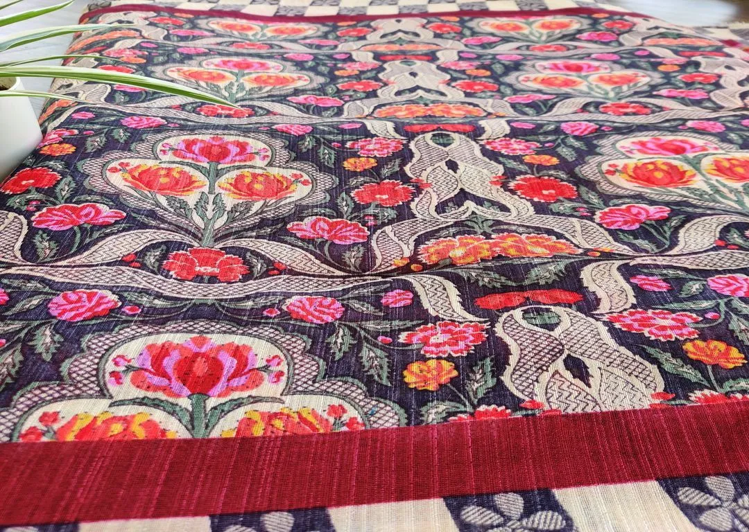 Precut Blue Multicolour Flowers Digital Printed Viscose Bhagalpuri Silk Fabric