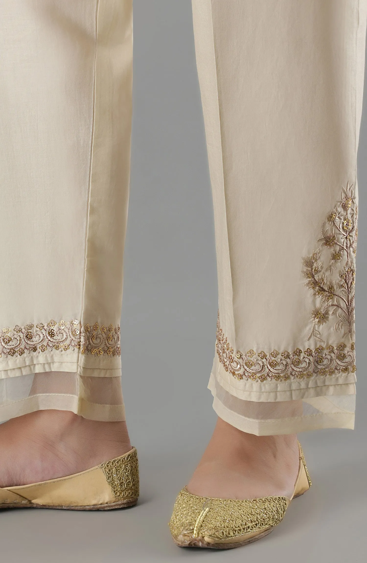 Stitched Bottoms 1 Piece Embroidered Cambric Pants (NRPE-68/S BEIGE)