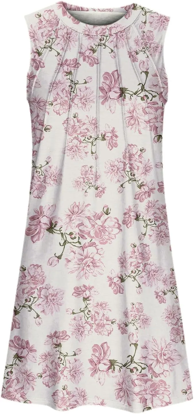 Tank Mini Dress for Women Casual Loose Sleeveless Crewneck Floral Dresses Beach Summer Vacation Short Sundress