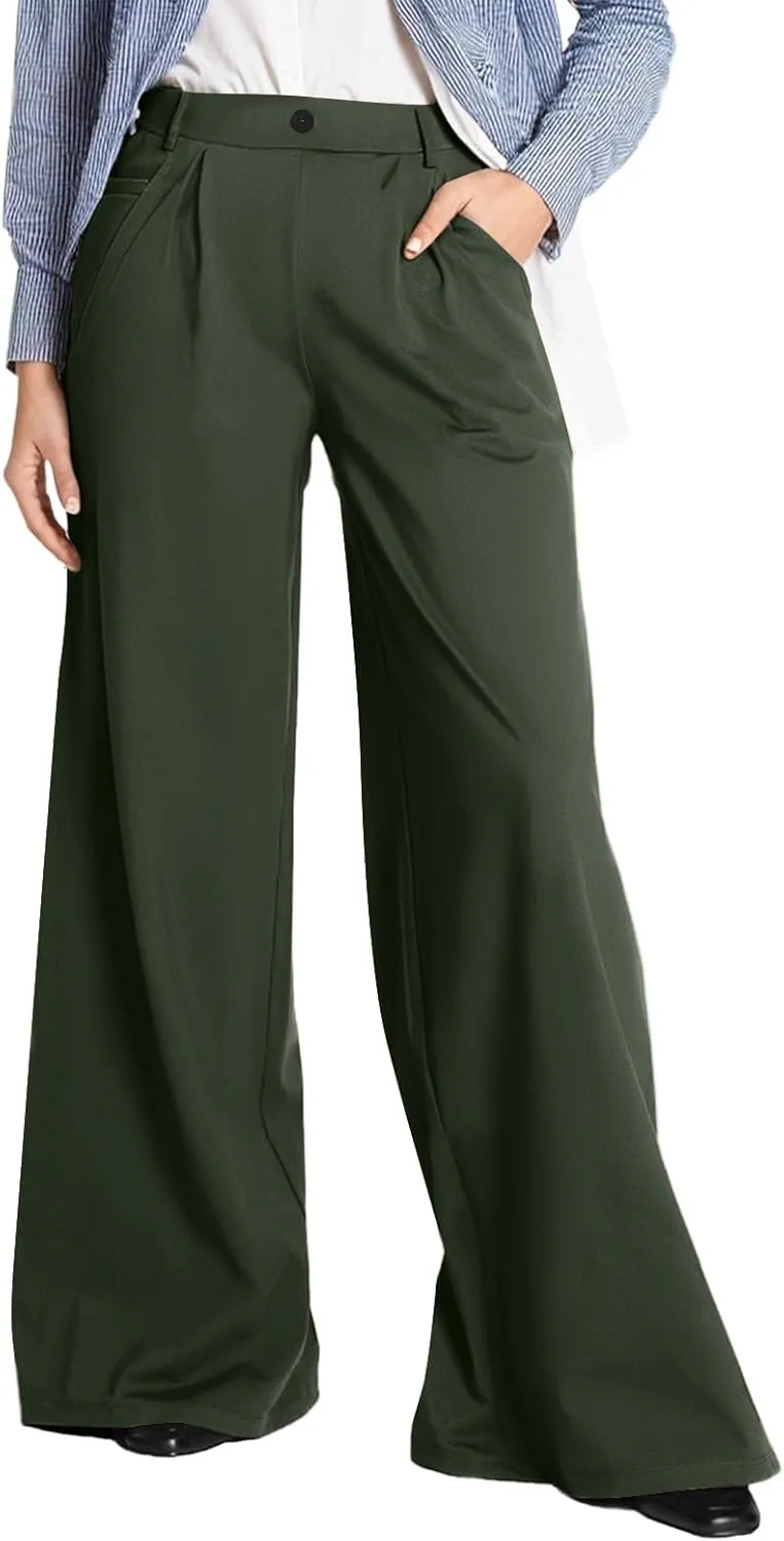 Wide Leg Dress Pants Women Dressy Elastic High Waist Lounge Pant Baggy Y2k Trendy Flared Yoga Pants with Pockets