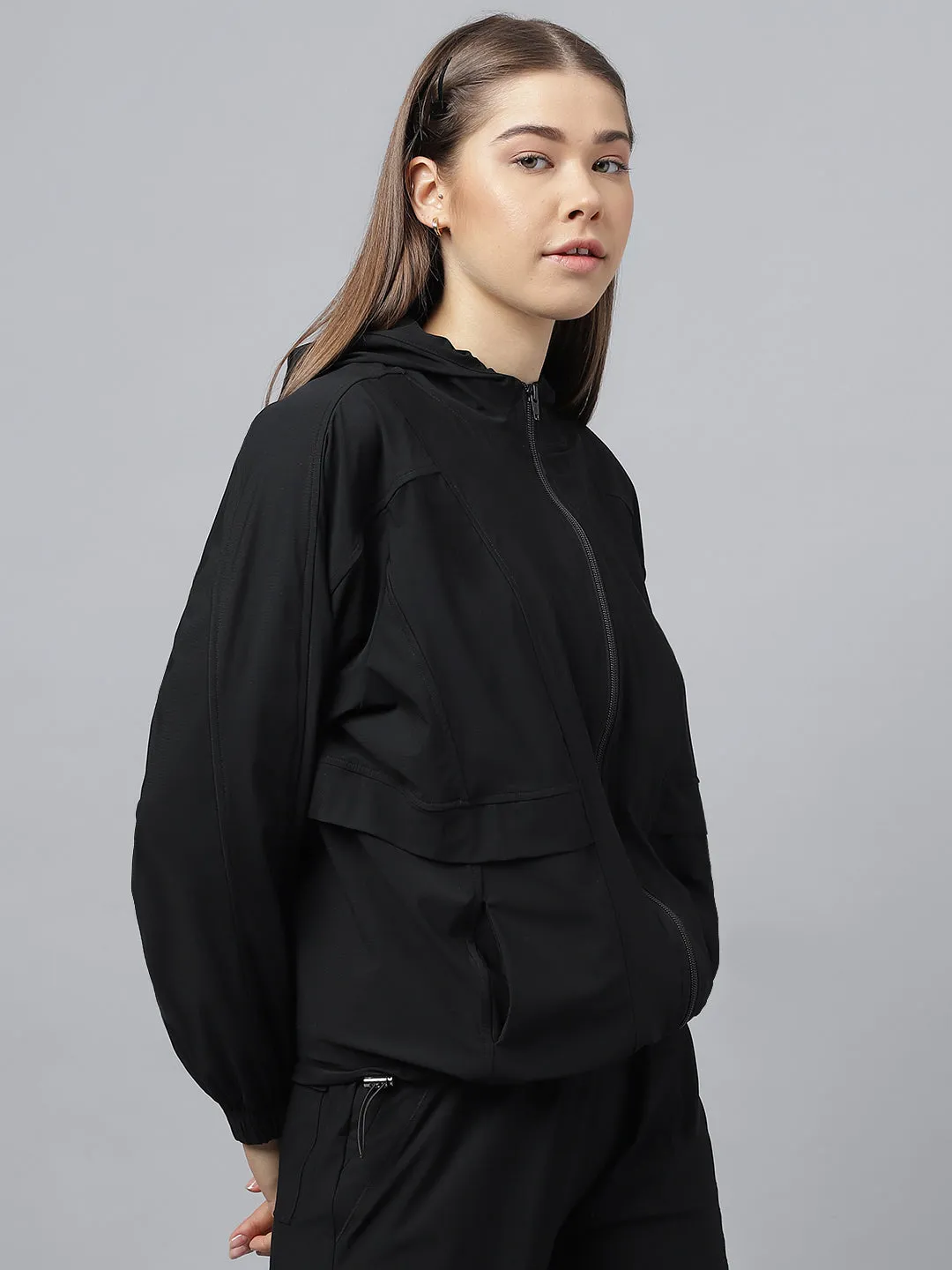 Women self design hooded sporty track jacket