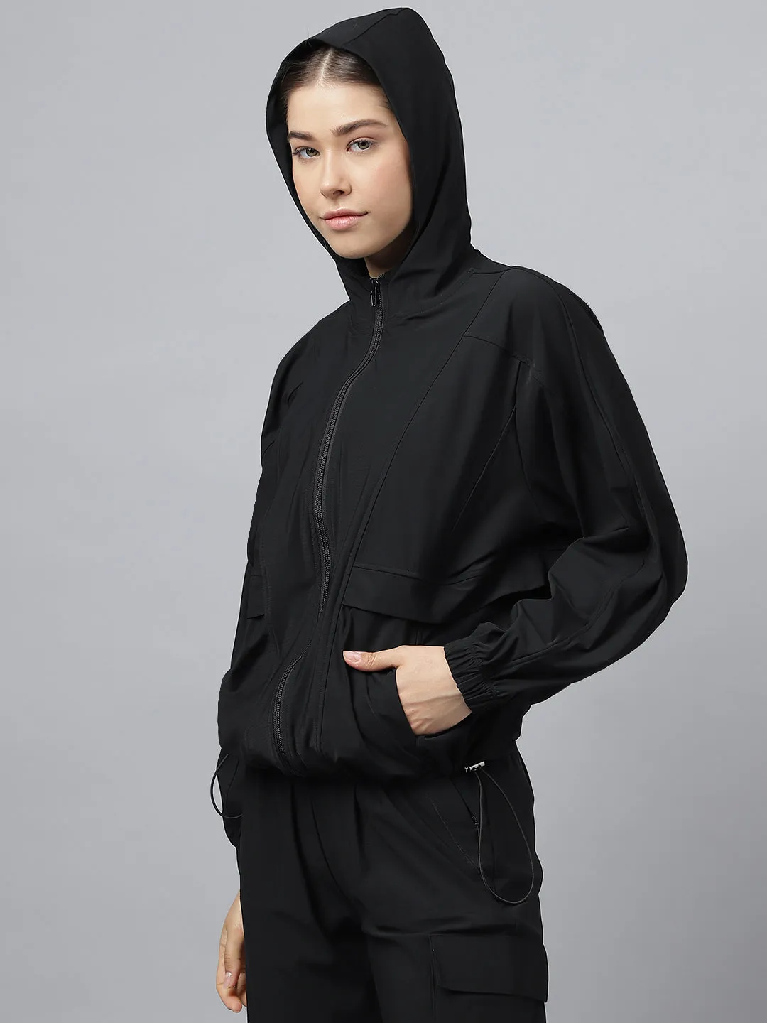 Women self design hooded sporty track jacket